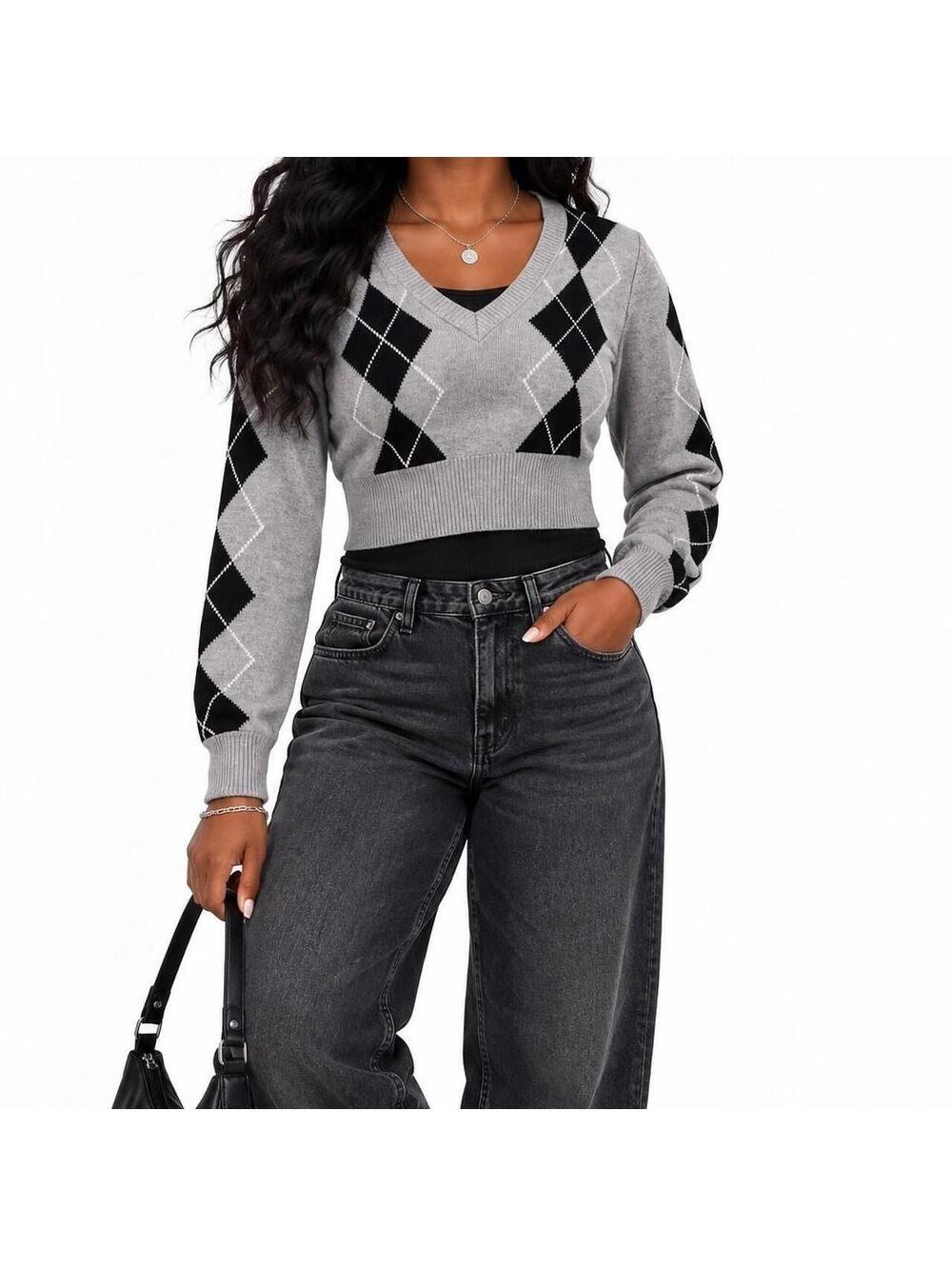 Y2K Preppy Argyle Cropped Sweater | Streetwear Society M